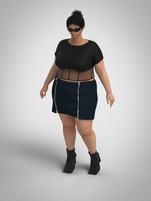 A woman in black wide-leg pants and a matching sleeveless crop top, with white piping details, standing against a plain gray background.