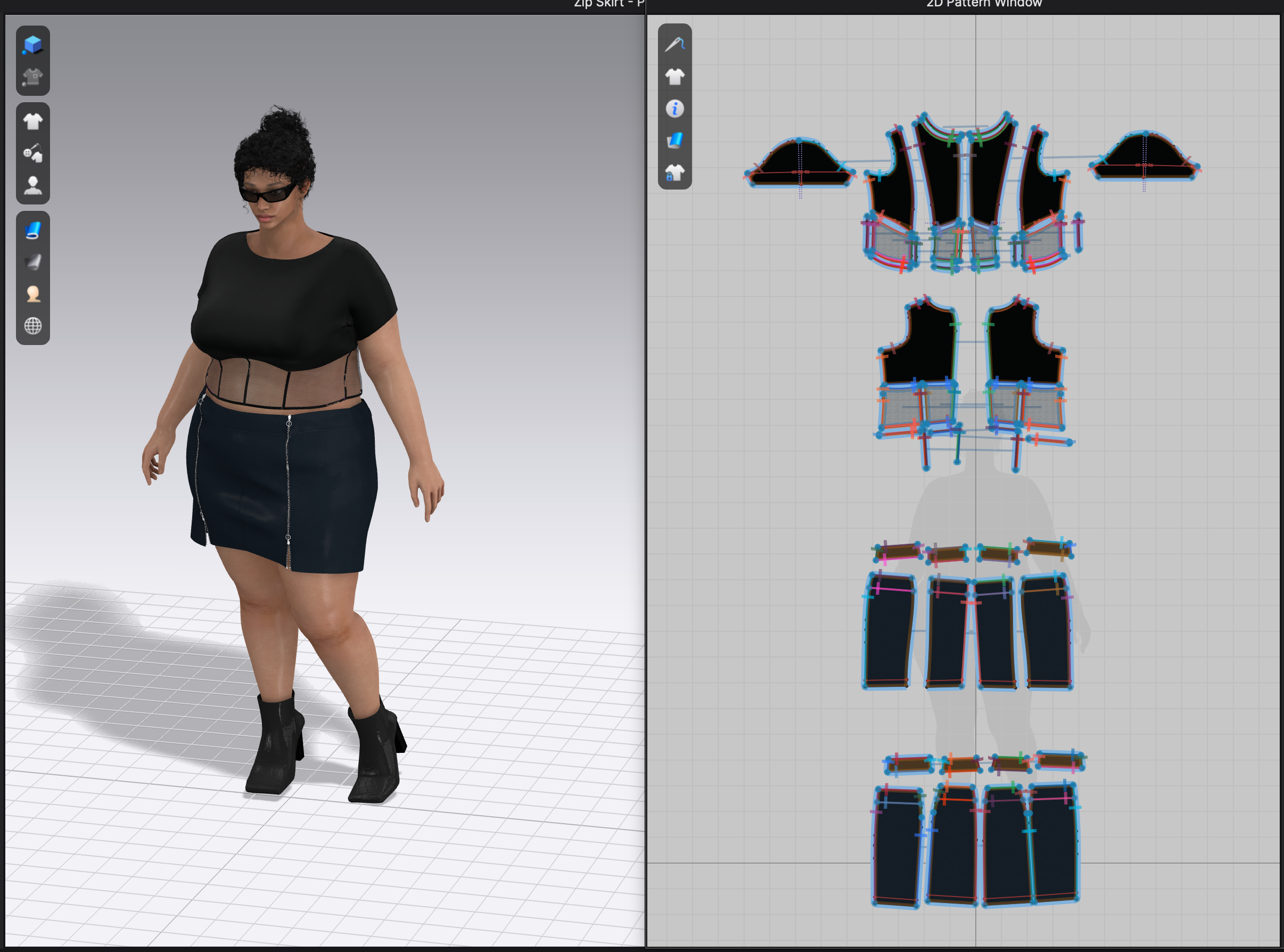 A 3D digital model of a woman with short curly hair, wearing sunglasses, a black top with black lines around the waist, a black zipper skirt, and black ankle boots. The model is shown from the front, standing in a virtual design environment with a gray background and a grid on the floor. The right side of the image displays the 3D modeling wireframe of the outfit, including various parts of the skirt, top, and pants.