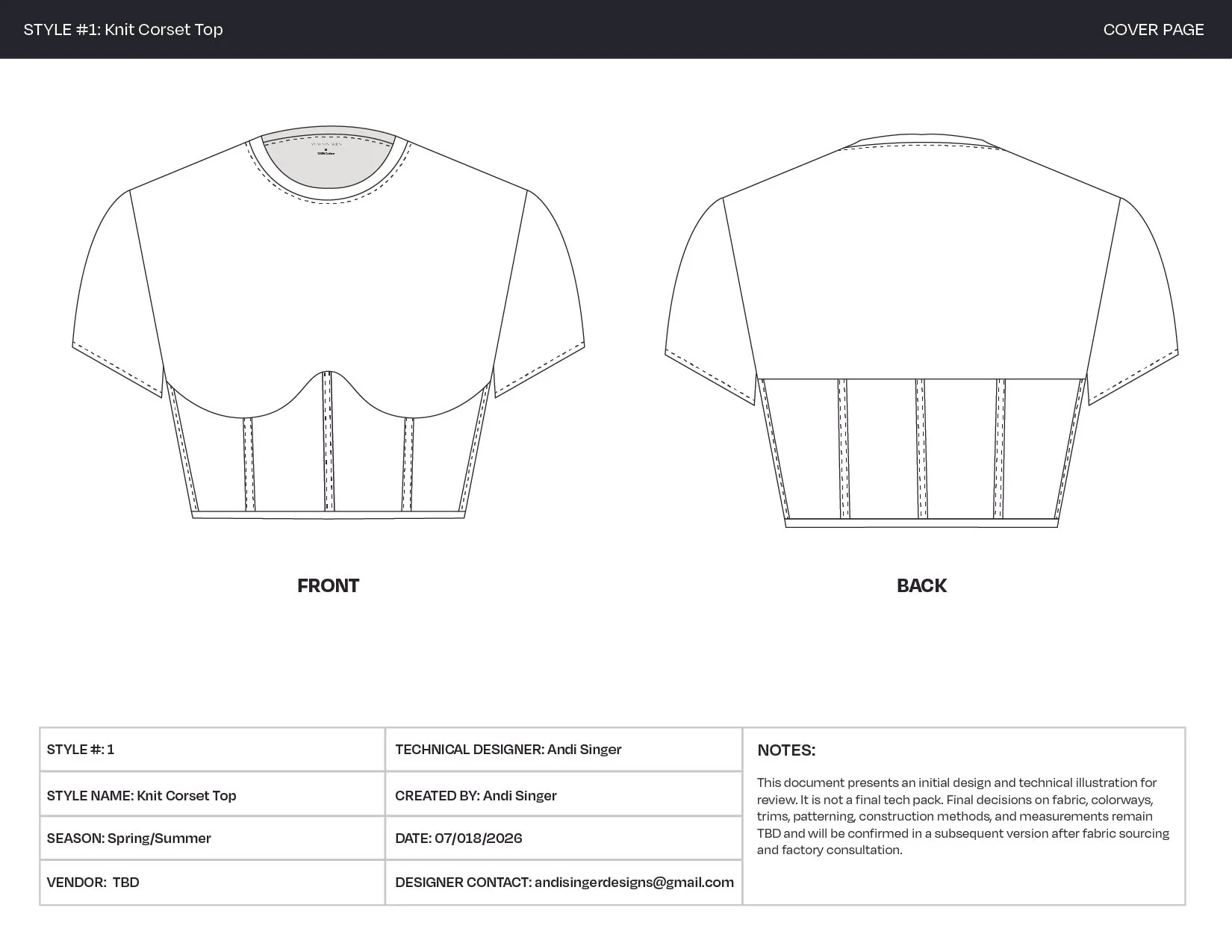 Technical drawing of a knit corset top design, showing front and back views with outlined construction details.