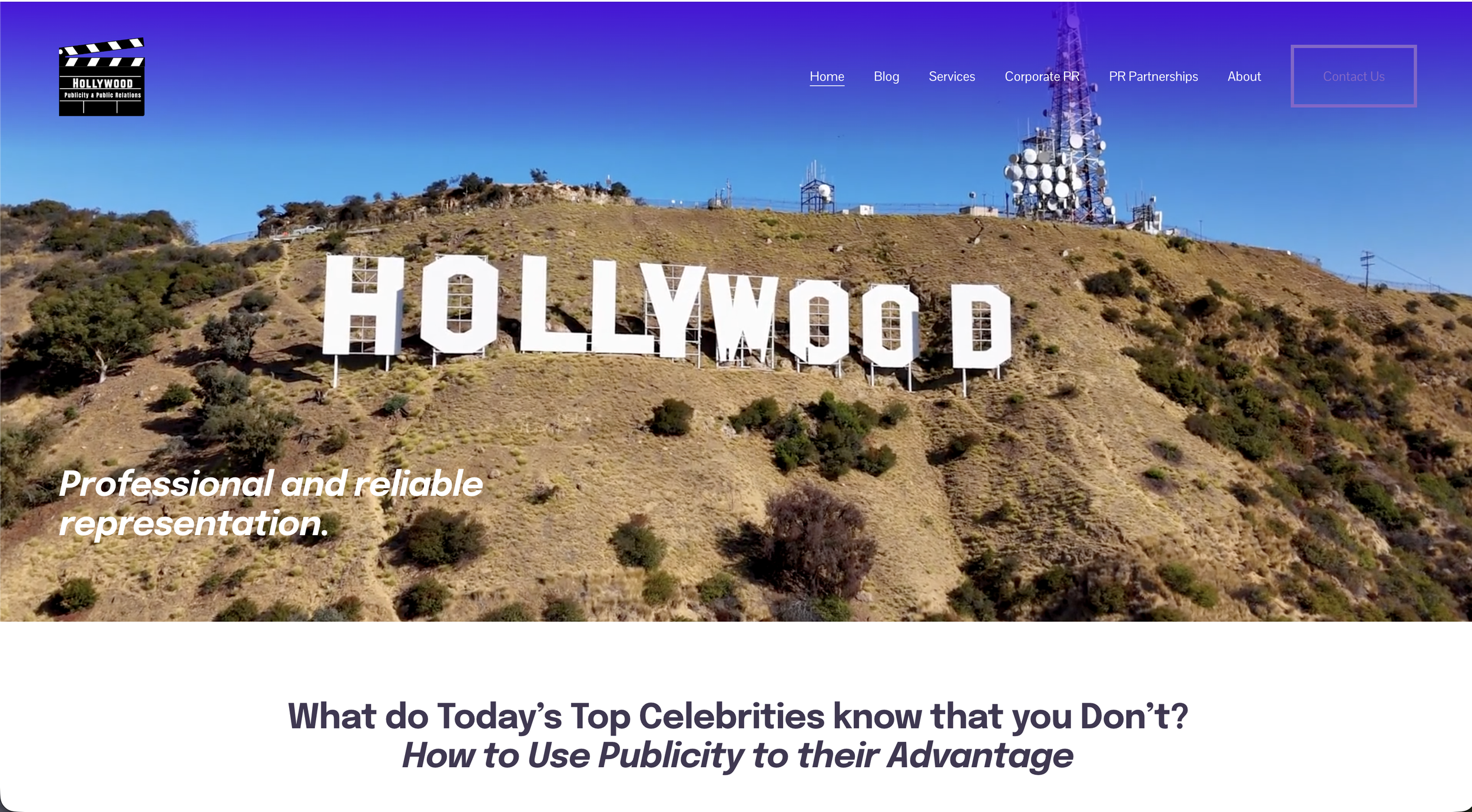 A web page featuring the Hollywood Sign on a hillside with communication towers on top. The page includes navigation links, a logo in the top left corner, and a title about celebrity publicity and public relations.