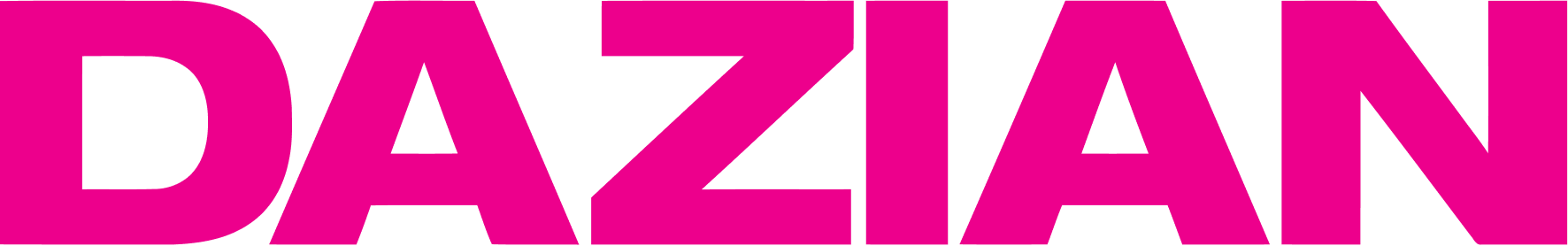 Close-up of the logo for DAZIAN in bold, pink letters.