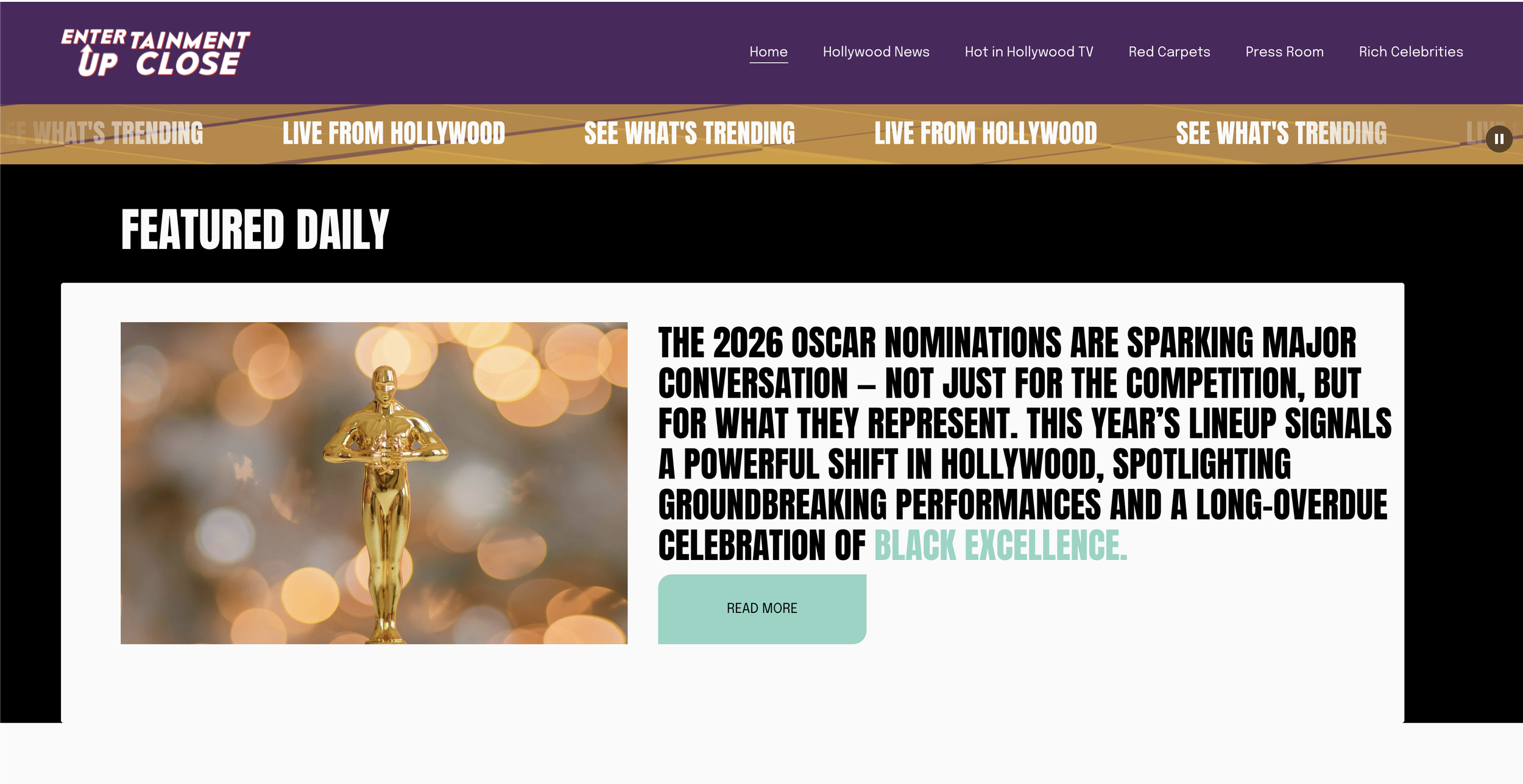 Screenshot of a news website titled 'Entertain Up Close' with a headline about the 2026 Oscar nominations and a photo of a gold Oscar statuette.