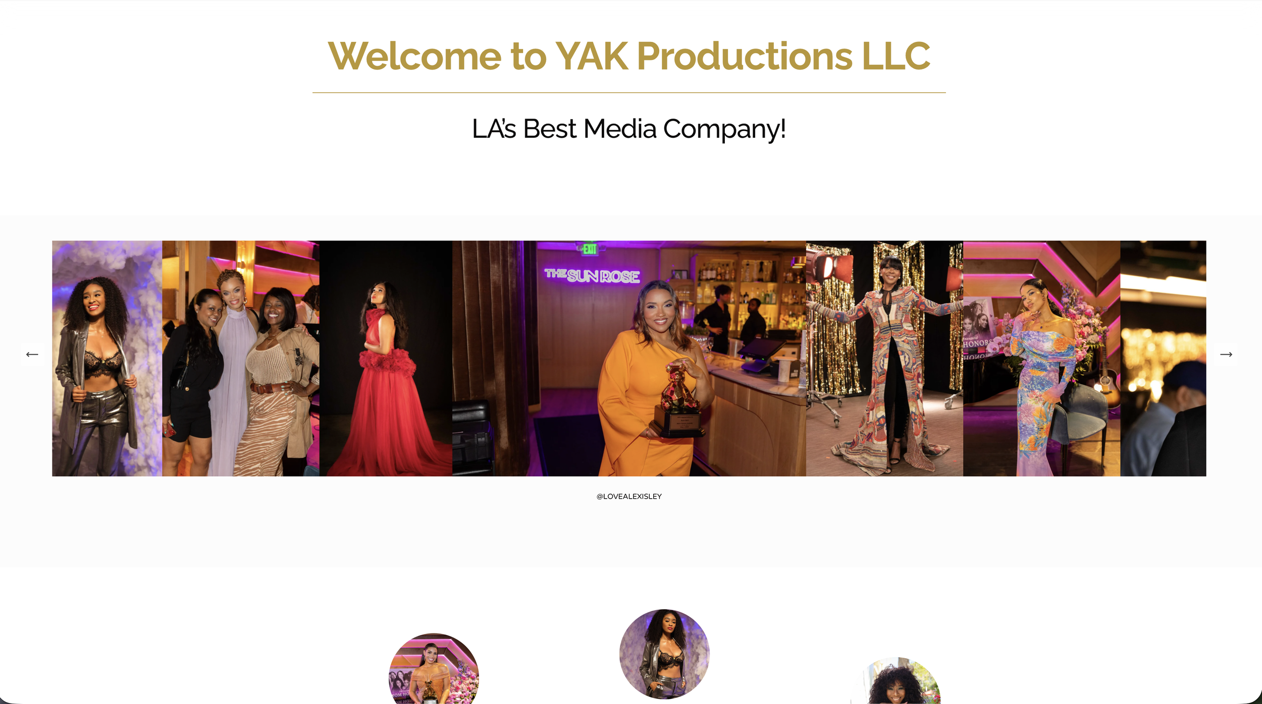 A screenshot of a website homepage for YAK Productions LLC featuring a collage of women in fashionable outfits at various events, with a welcoming message and navigation arrows.