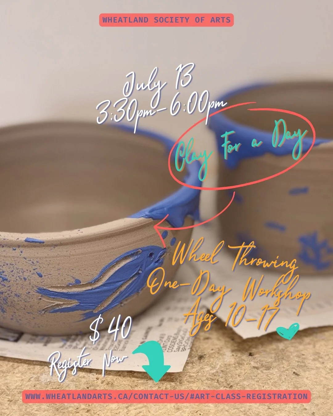 ✨ Clay for a Day is coming to Wheatland Society of Arts!

If you've ever wanted to try wheel throwing, this is your chance. 🎉
Join us for a beginner-friendly one-day workshop where you'll get hands-on time at the wheel. 
No experience needed, just b