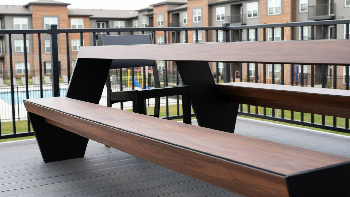 zero maintenance outdoor picnic table in a multifamily property setting