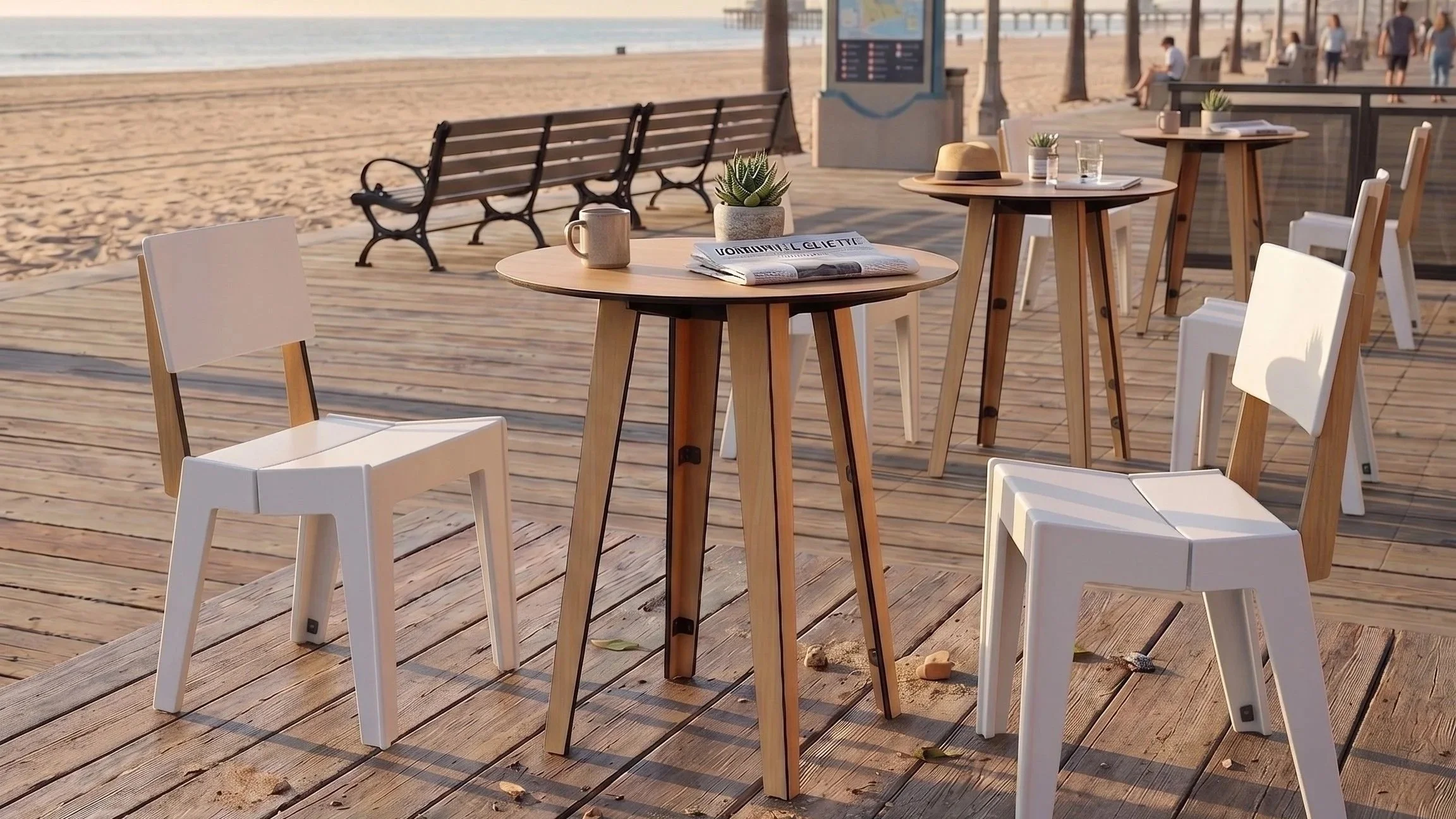 Zero maintenance outdoor dining chairs around an exterior bistro table in a commercial beach setting