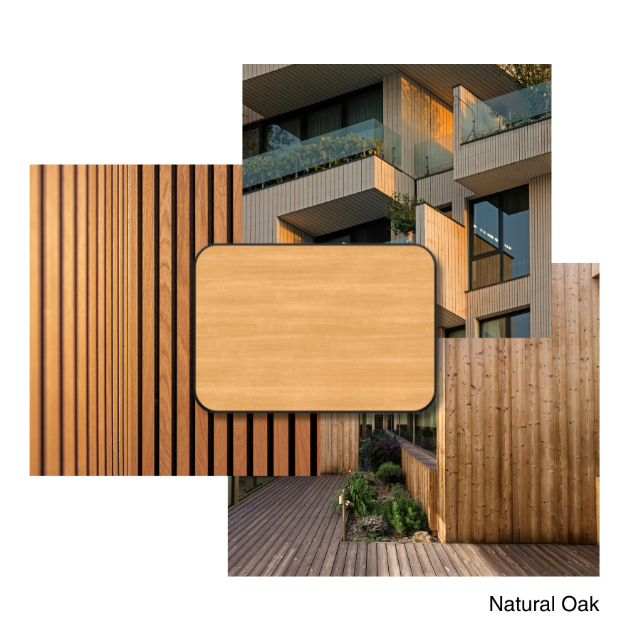 Modern multi-story building with balconies, glass railings, and wooden panels, with a wooden deck and garden area in the foreground.