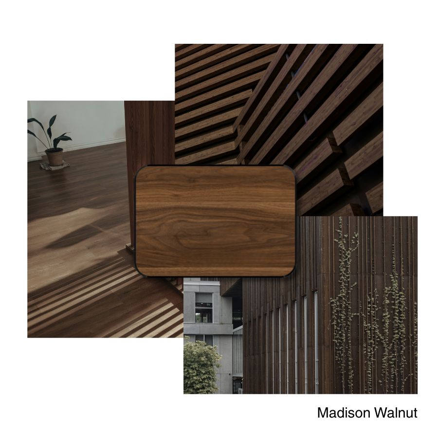 Collage of wood textures and interior design elements, including wooden slats on exterior wall, a potted plant, and a rectangular wooden table.
