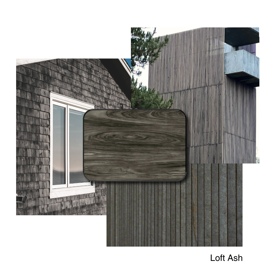 Composite image of a modern house exterior with wooden and shingle siding, featuring a window and outdoor balcony, overlaid with a wooden texture sample.