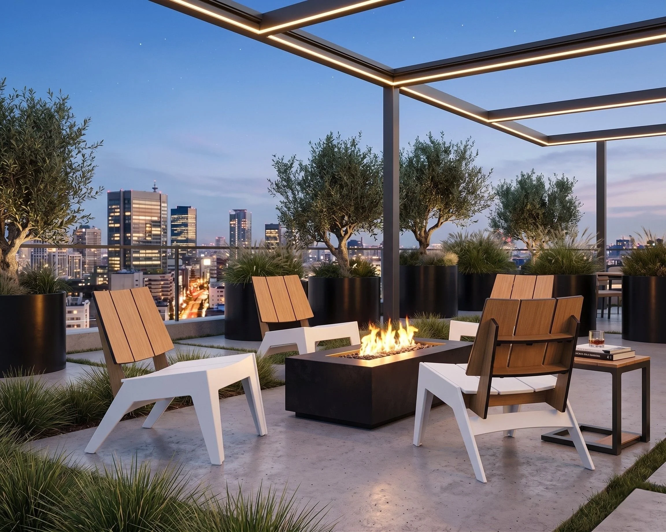 zero maintenance outdoor seating around a modern fireplace on a commercial multi-family rooftop amenity space