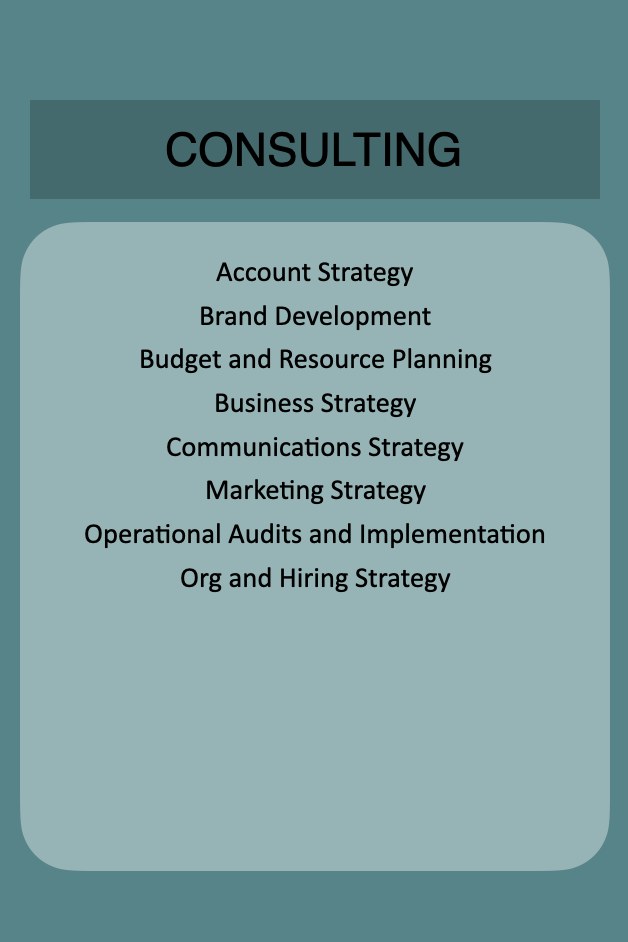 A teal-colored informational poster listing consulting services, including account strategy, brand development, budget and resource planning, business strategy, communications strategy, marketing strategy, operational audits and implementation, and organization and hiring strategy.