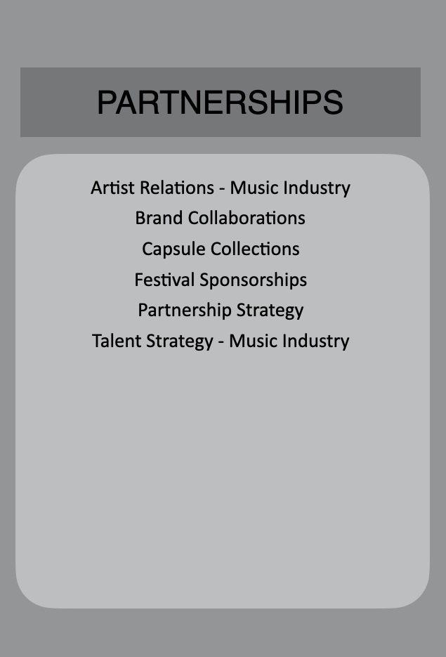 Text listing various partnership topics within the music industry, including artist relations, brand collaborations, capsule collections, festival sponsorships, partnership strategy, and talent strategy.
