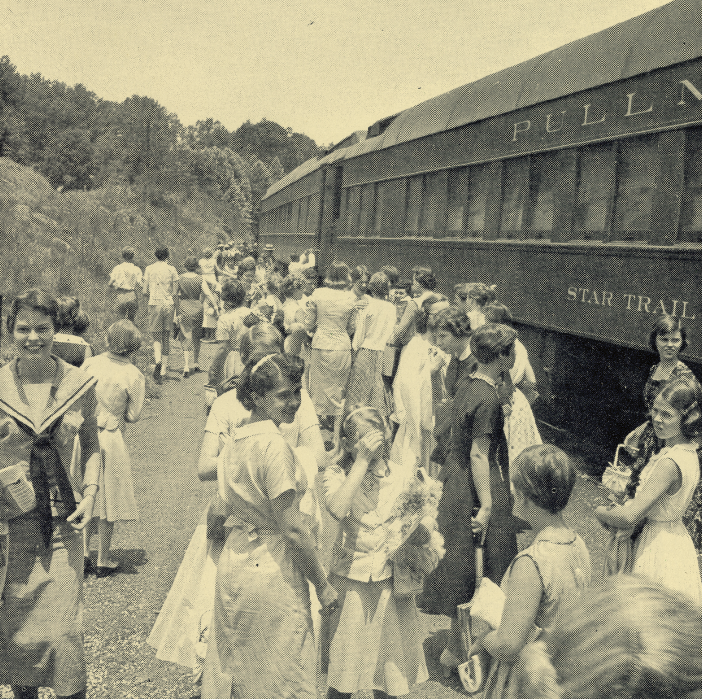   Campers arrive at the Tuxedo, NC train station, c. 1950s.   