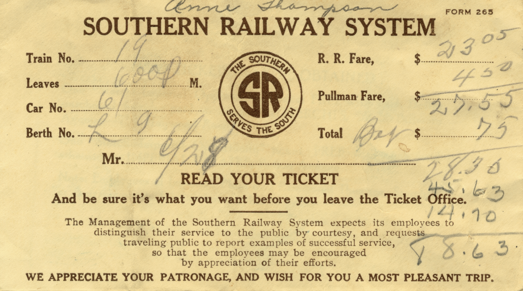    Southern Railway ticket envelope from a  camper at Camp Greystone (Tuxedo, NC), c. 1940s   