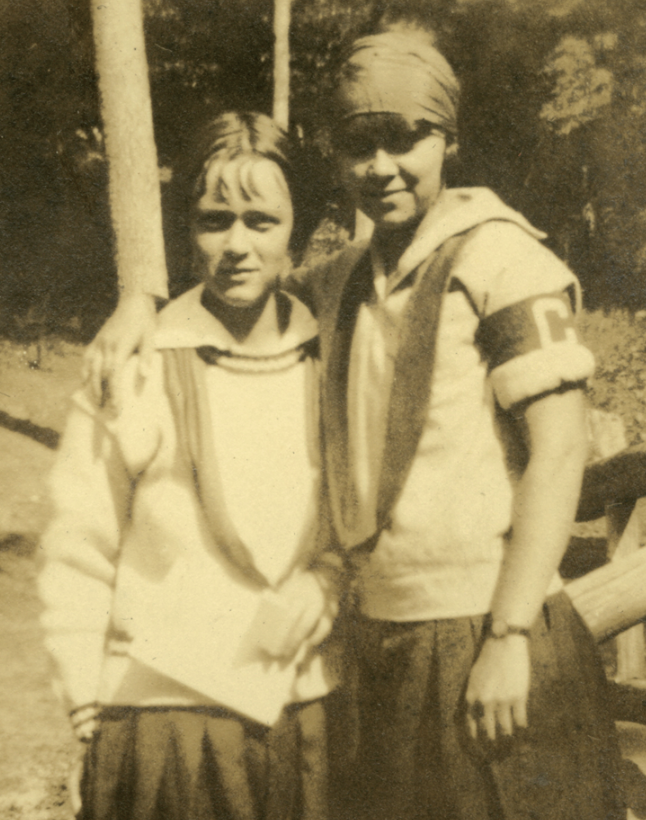    Counselors at Camp Merrie-Woode (Sapphire, NC) wore green felt armbands to differentiate themselves from campers, as everyone wore the same uniforms, c. 1920s   