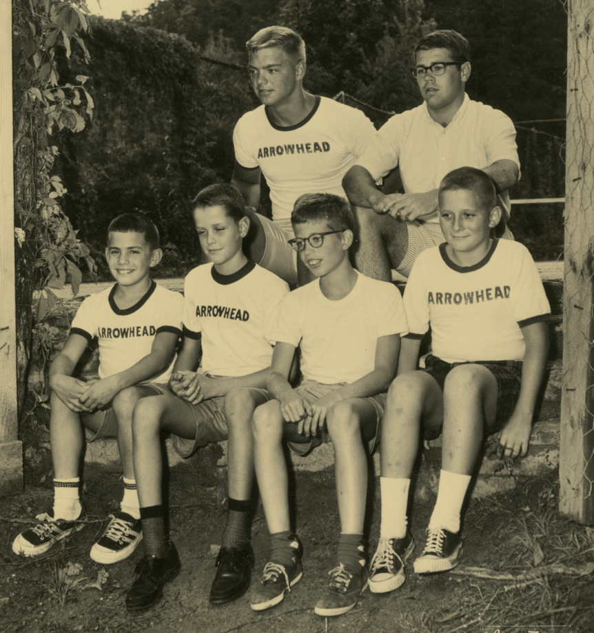    Camp Arrowhead (Tuxedo, NC) uniforms included white and red ringer t-shirts, c. 1950s   