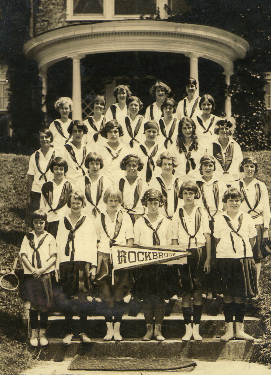    Rockbrook Camp girls in uniform, c. 1920s. Laura Mattoon of Camp Kehonka (New Hampshire) was the first camp director to include the bifurcated skirt (long, blousy bloomers) as part of a girl’s camp uniform. Other girls’ camp directors quickly foll