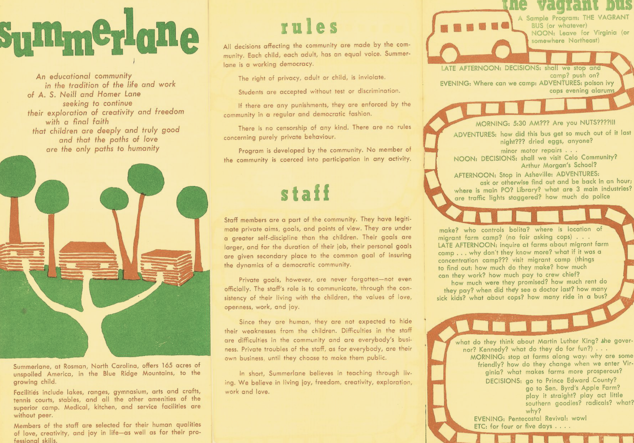    This promotional brochure for Camp Summerlane explains the egalitarian educational philosophy of the camp, 1963.    