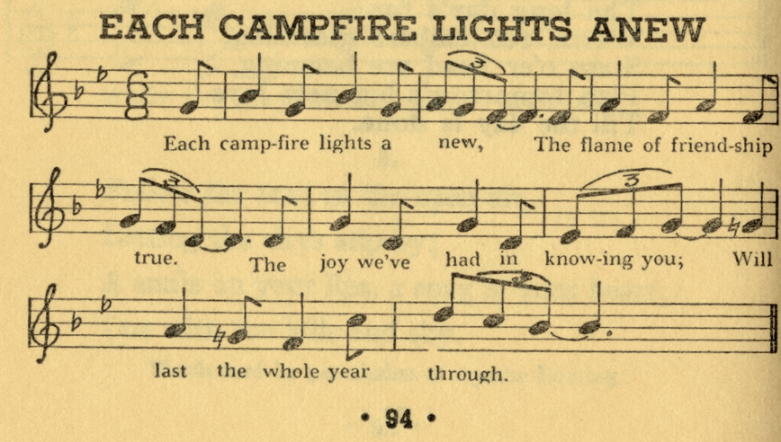    This popular campfire tune was used at many camps in the mid-20th century.   