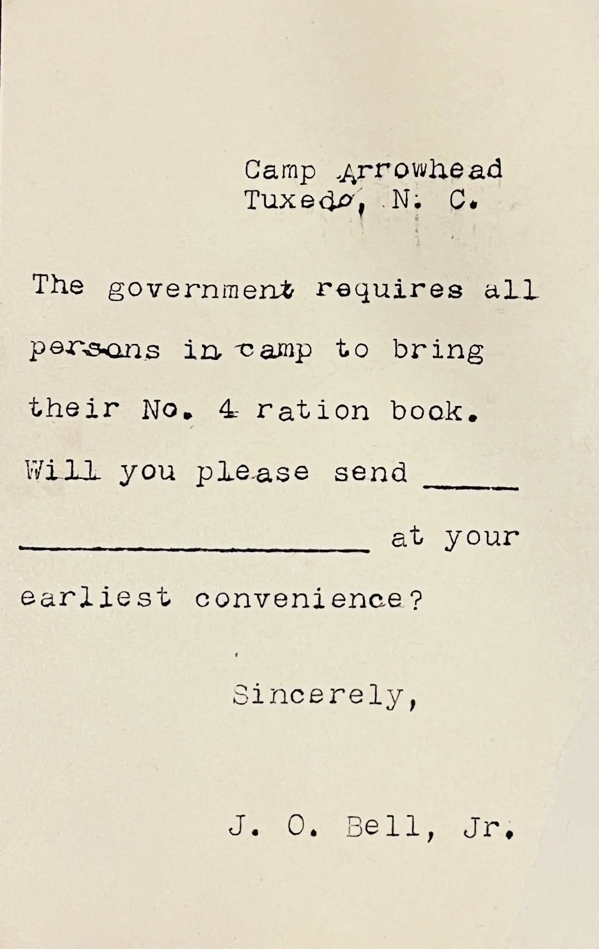    Ration Card, c. 1942–1945. During World War II, camps required campers to bring a portion of their families’ ration stamps. It was only by pooling together these stamps that camp directors could purchase enough food for their camp kitchens. Loaned