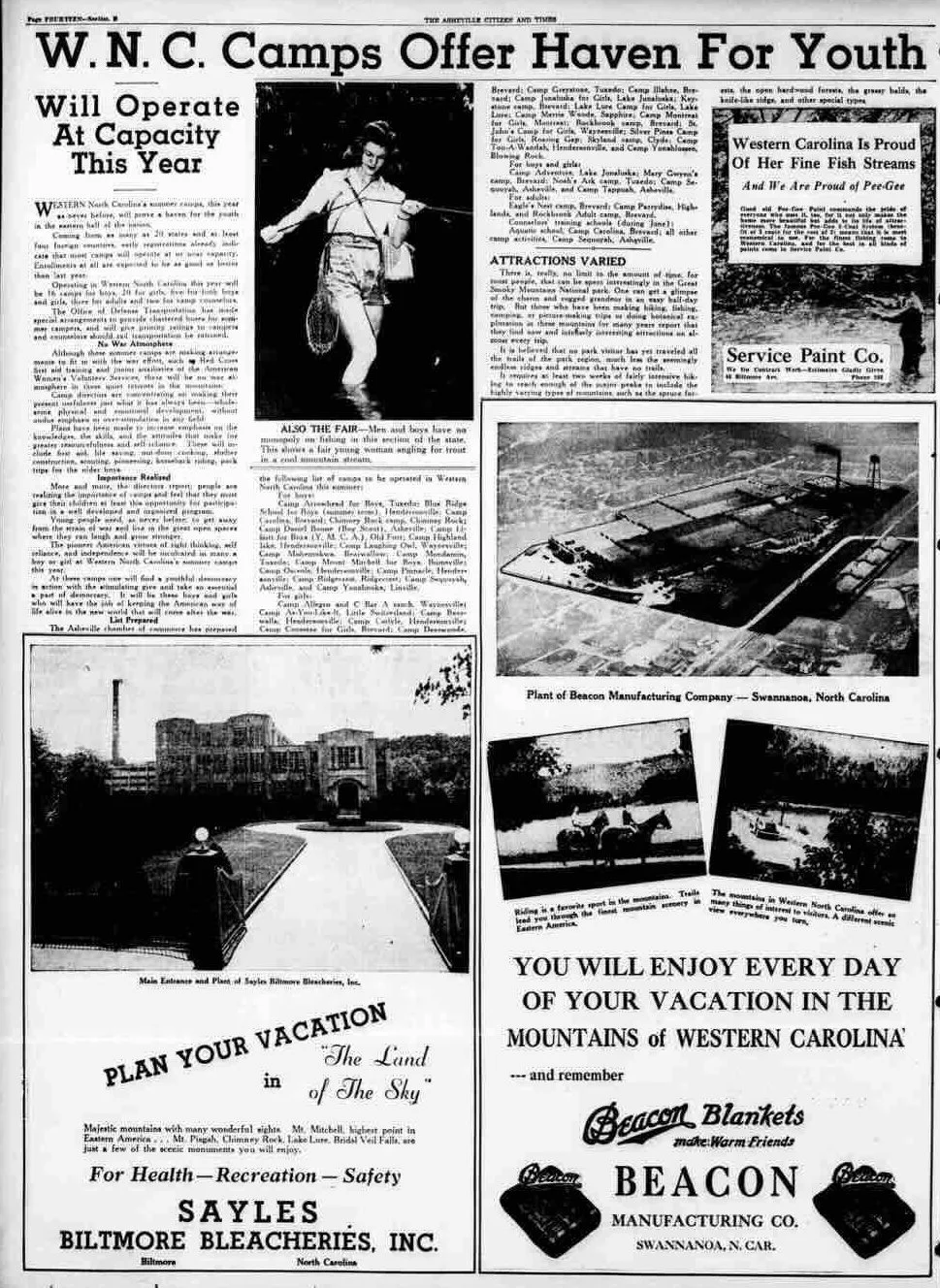    Camps were considered more necessary than ever during World War II to give children a respite from the stress of wartime hardships. “The Asheville Citizen and Times,” June 20, 1942   
