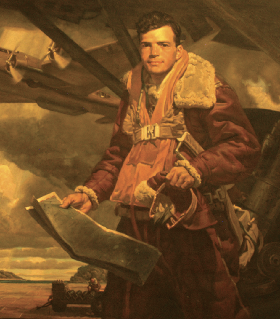    A painting of Capt. Colin P. Kelly Jr., displayed at the National Museum of the U.S. Air Force.   
