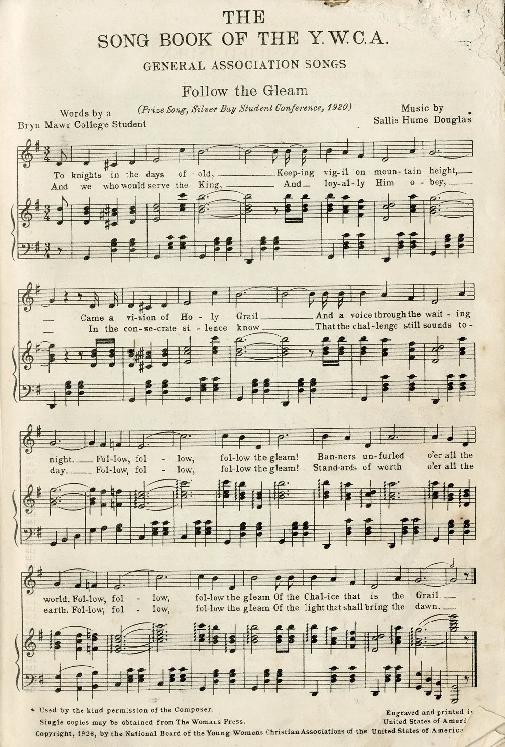    "Follow the Gleam" became a popular camp song in the 1920s, and many camps continue to use it at traditional closing ceremonies and hymns sung at chapel or vespers services. Written in 1920 by Hel­en H. Mill­er and Sall­ie Doug­las at a YWCA con­f