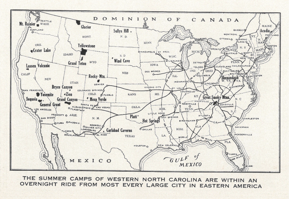    Promotional map showing WNC summer camps as a day's train ride from major U.S. cities, c. 1930s.   