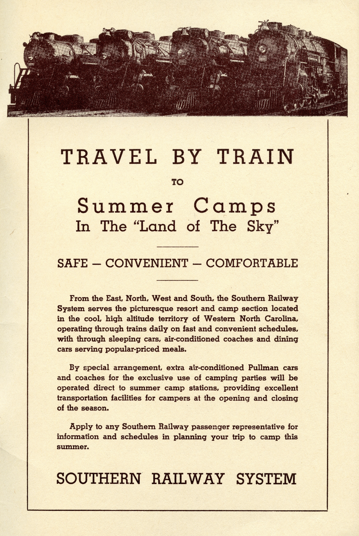   Southern Railway System advertisement in  Land of the Sky Camps for Boys and Girls , 1940.  