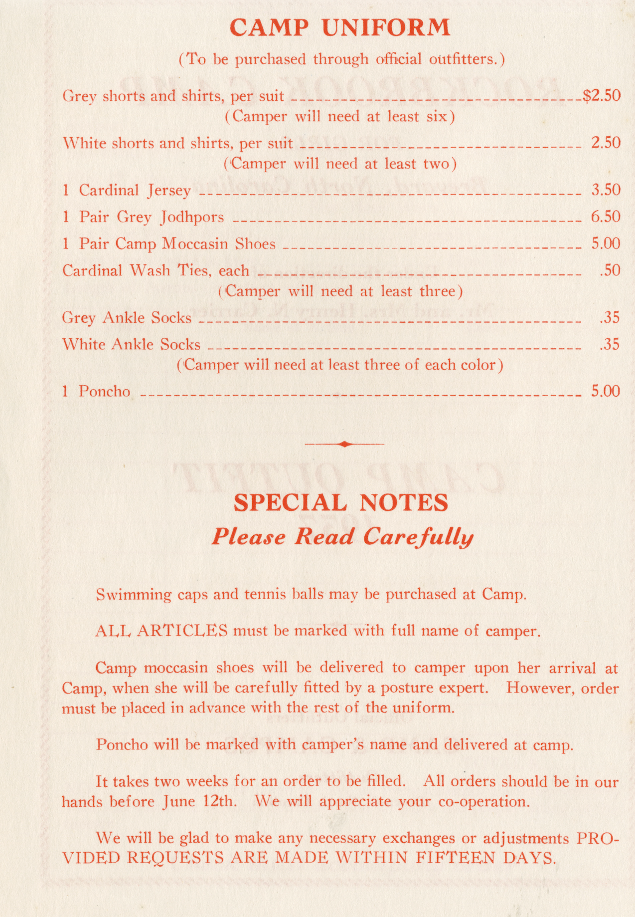 Uniform List, Rockbrook Camp (Brevard, NC), 1937