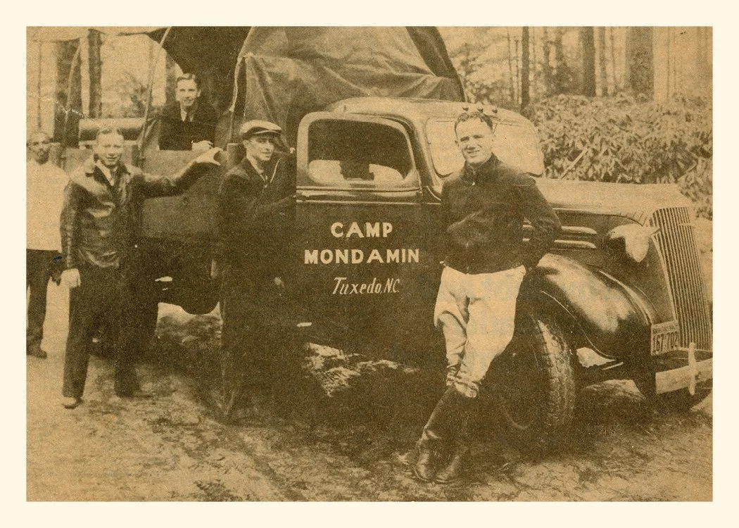 The Bell brothers, Joseph Bell, Jr. (center) and Frank "Chief" Bell, Sr. (right), circa 1930s. Joe Bell founded Camp Arrowhead and Camp Glen Arden and his older brother, "Chief," founded Camp Mondamin and Camp Green Cove, all in Tuxedo, NC. 