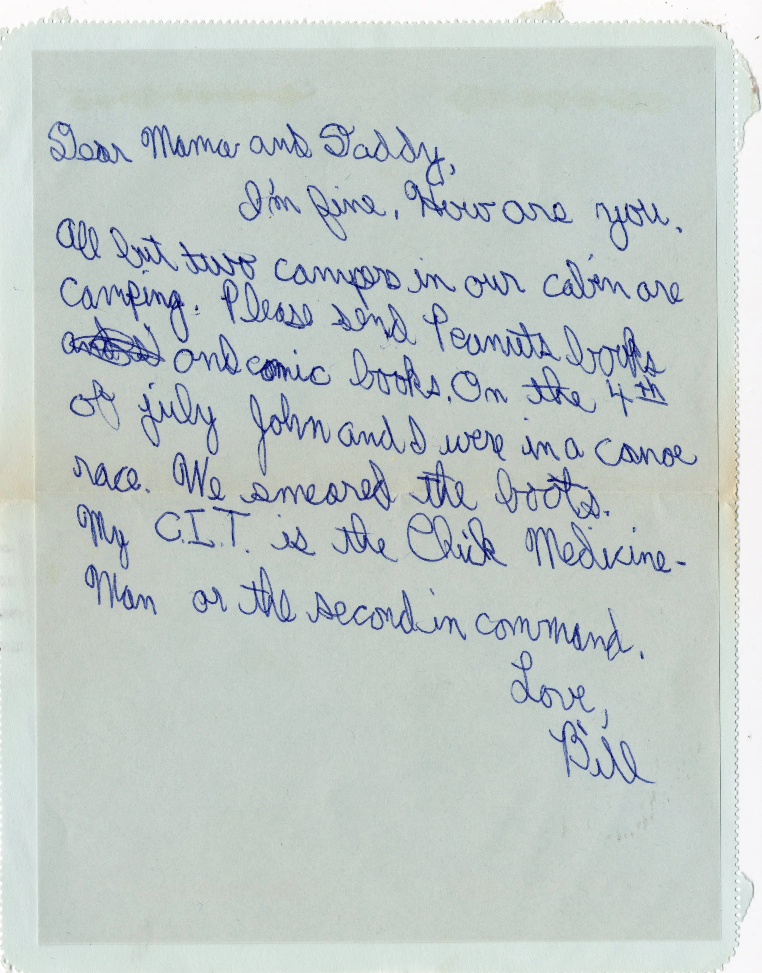 Letter home from a camper at Camp Arrowhead (Tuxedo, NC), c. 1960s