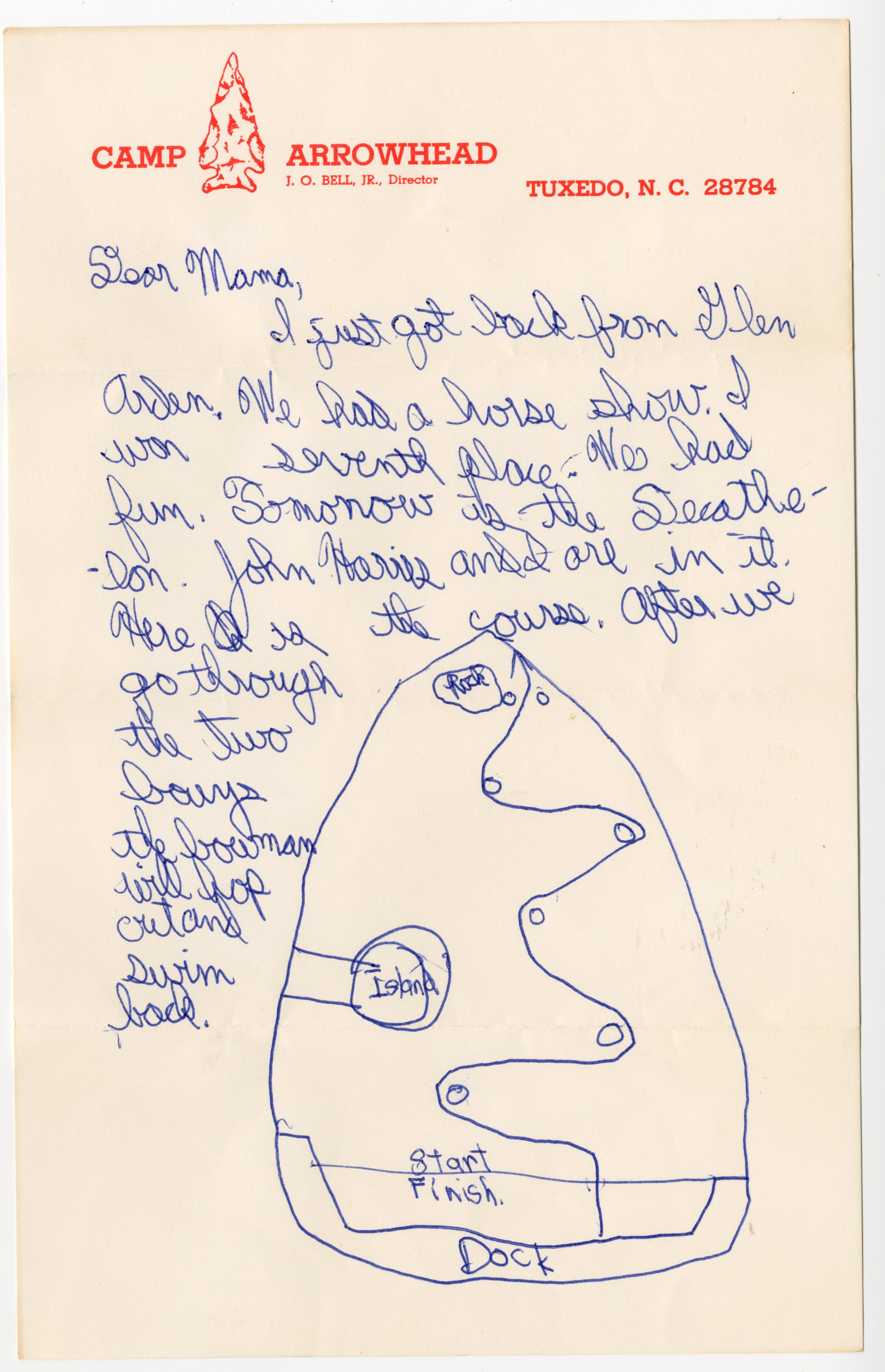 Letter home from a camper at Camp Arrowhead (Tuxedo, NC), c. 1960s