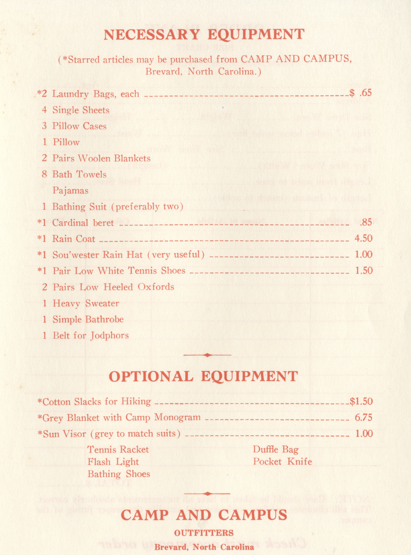Packing List, Rockbrook Camp (Brevard, NC), 1937