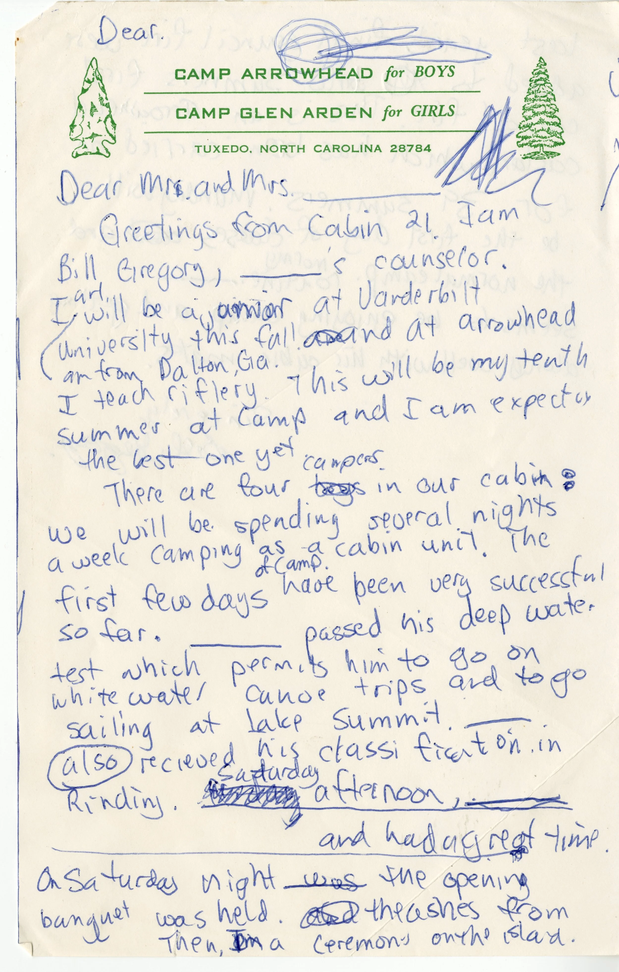 Cabin counselors at many camps were required to write letters to campers’ parents during the summer to let them know how their child was doing at camp. At Camp Arrowhead (Tuxedo, NC), these were called “Mama Letters.” This draft was written by a coun