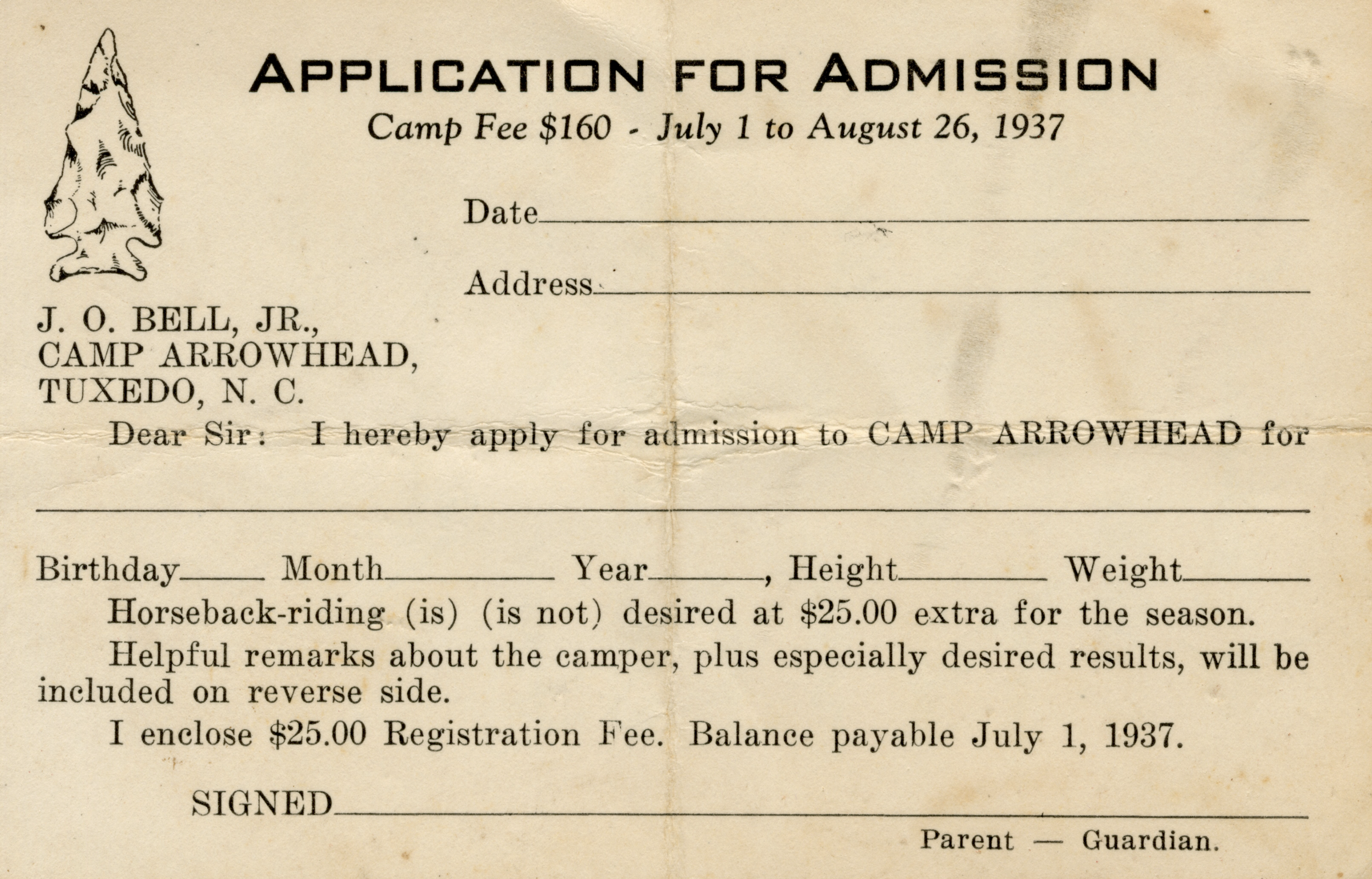 Camper application for Camp Arrowhead's (Tuxedo, NC) first season in 1937.