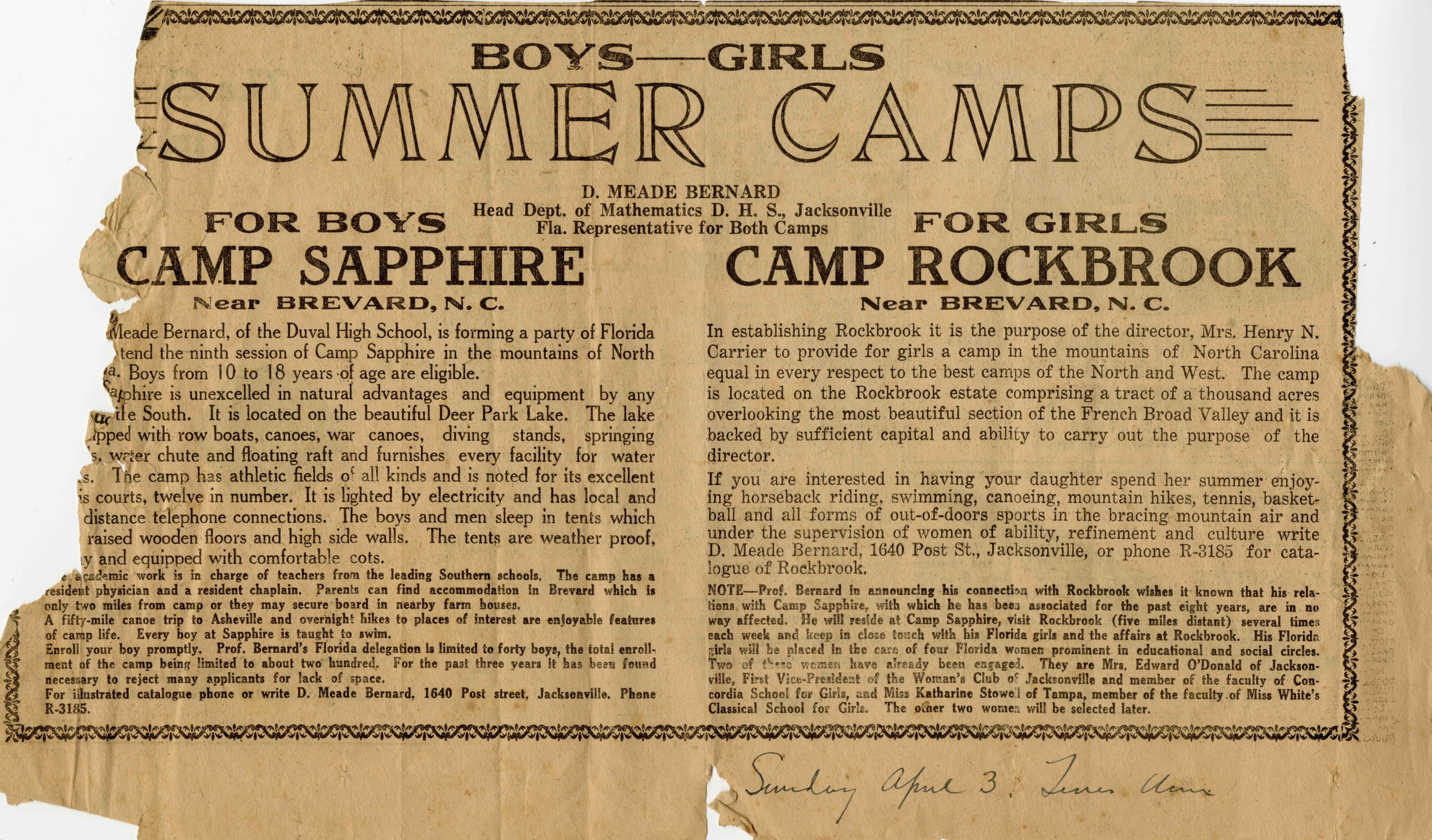 Newspaper ad announcing the establishment of Camp Rockbrook (Brevard, NC) in its 1921 inaugural season. Camp Sapphire (Brevard, NC) was the first summer camp established in Transylvania county and operated from 1913 through late 1930s. (Teed Coe pers