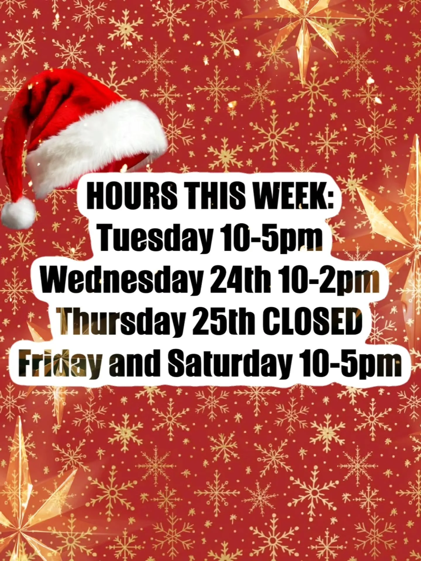Christmas Eve we will be OPEN 10-2pm!
Christmas Day we will be CLOSED.
We will resume regular hours on Friday 🙏❤️