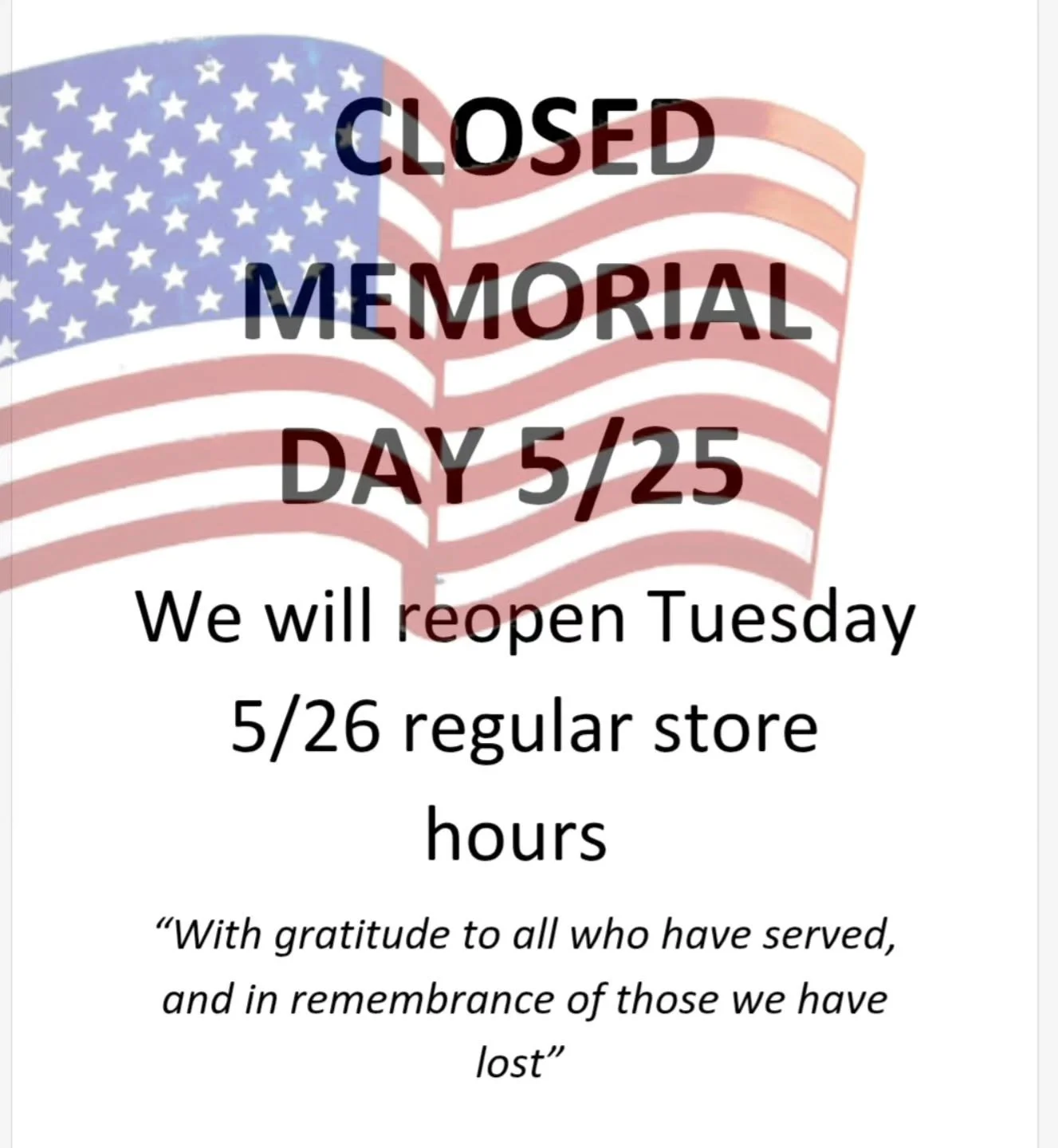 We will be closed Monday, open again Tuesday regular store hours!
10-5pm 

17860 SE 109th AVE
Summerfield, Fl 
34491