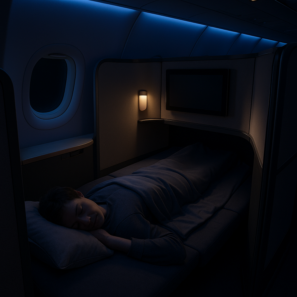 A person sleeping in an airplane bed in a private cabin with a window and a television on the wall.