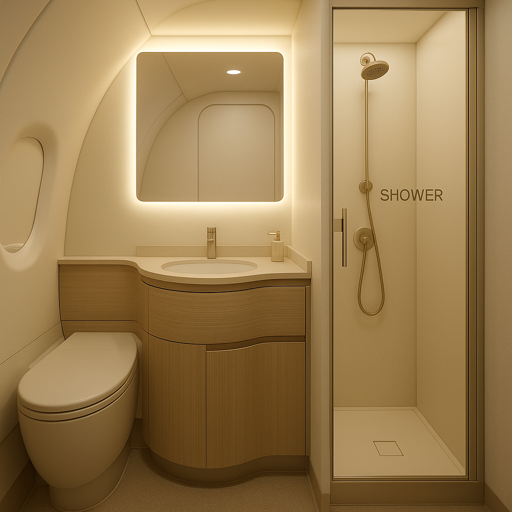 A modern compact bathroom with a toilet, a curved vanity with a sink and a large illuminated mirror, and a walk-in shower with a glass door labeled 'SHOWER'.