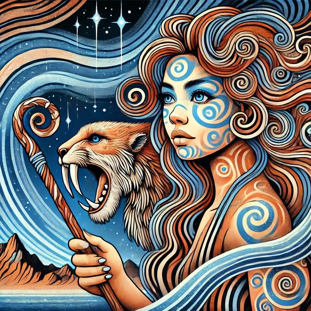 A colorful fantasy artwork depicting a woman with swirling blue and brown hair and face paint, holding a staff with a roaring lion's head, set against a night sky with stars and swirling patterns.