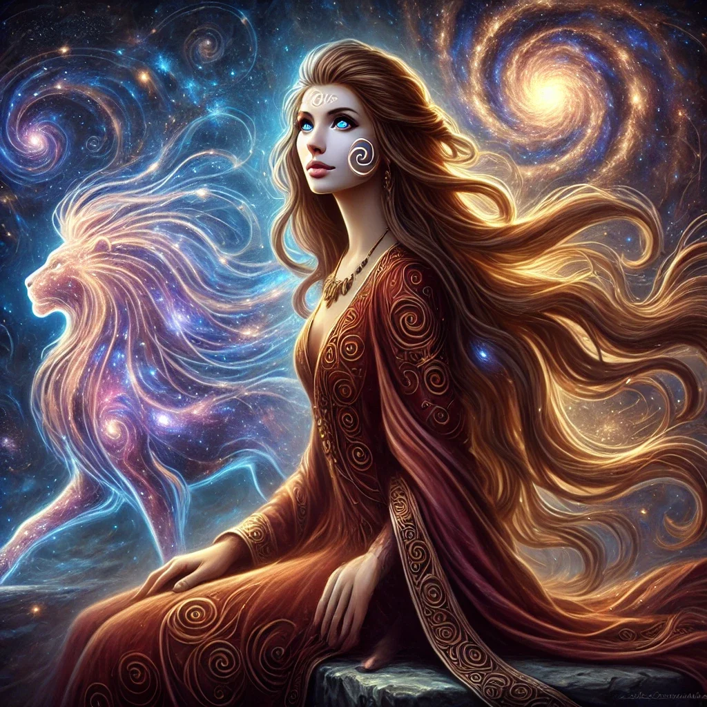 A fantasy digital artwork of a woman with flowing hair, sitting on a rock, in a cosmic background with swirling galaxies and stars, and a glowing lion figure made of stars beside her.