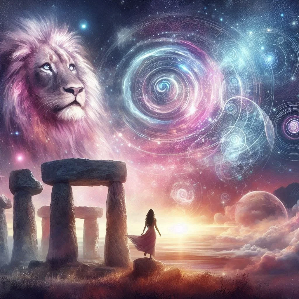 A surreal scene blending ancient ruins, a woman in a flowing dress, and cosmic elements. A lion's head appears in the starry sky, swirling galaxies and planets are visible, with a glowing sunset over water.