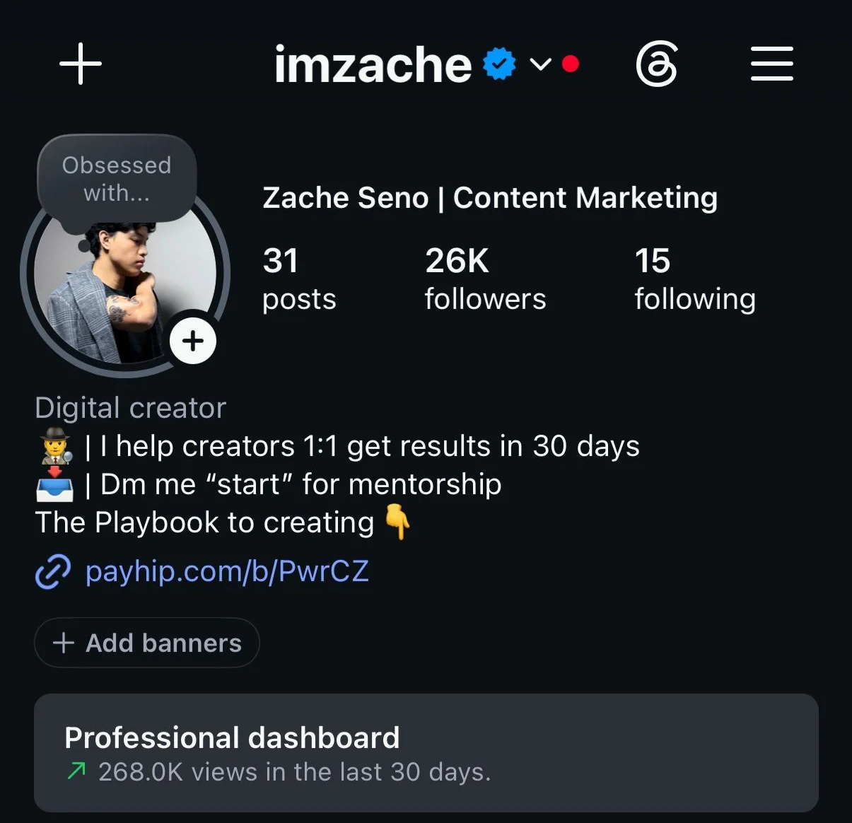 Instagram profile page of Zache Seno, a content marketing digital creator with 26,000 followers, displaying profile photo, bio, website link, and statistics.