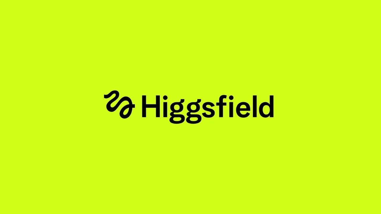 Higgsfield logo with a black icon resembling a twisted loop and the text 'Higgsfield' on a bright lime green background.