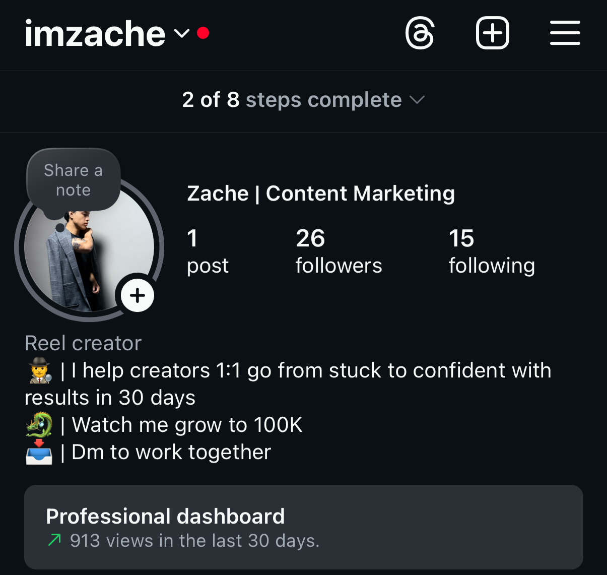Social media profile for Zache, a content marketing reel creator with one post, 26 followers, and following 15 accounts, with a bio about helping creators grow and offering direct messaging for work.