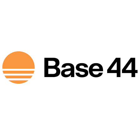 Base44 logo with an orange sun setting over water and the company name in bold black letters.