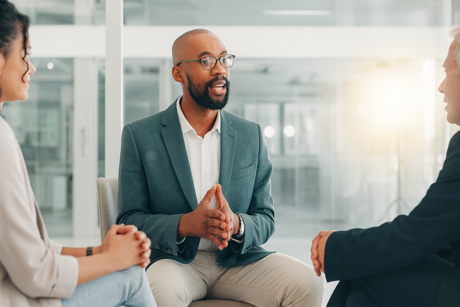 leader talking with two clients about AI-enabled leadership and tools.