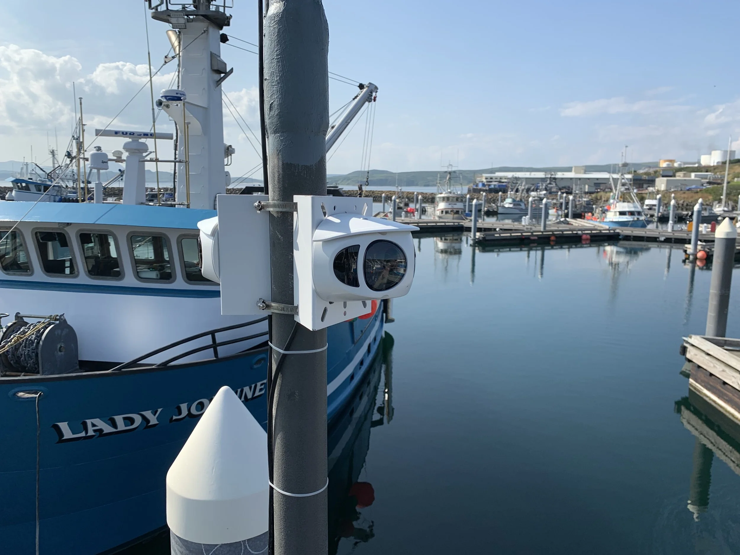A security camera mounted on a pole at a marina, with boats and docks in the background.